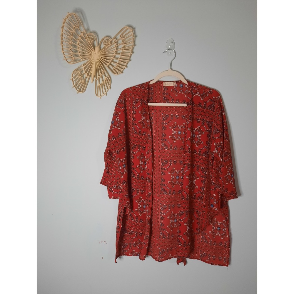 Altar'd State Red Bandana Print Kimono Open Front Cardigan Boho Wrap Small